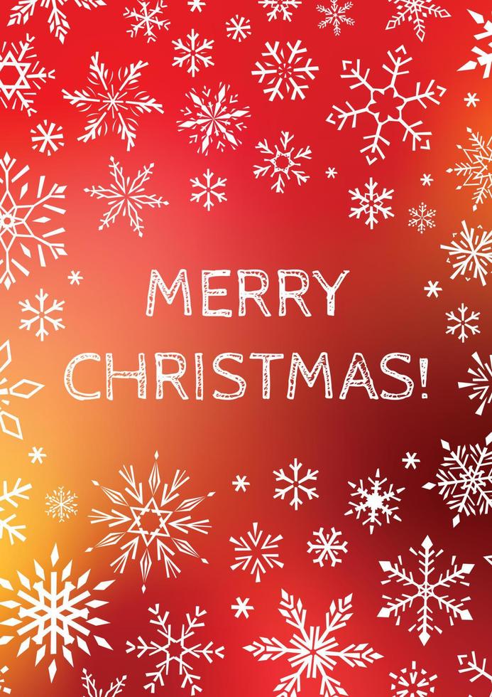 Merry Christmas vertical card with drawn graphic snowflakes. Bright vector illustration.