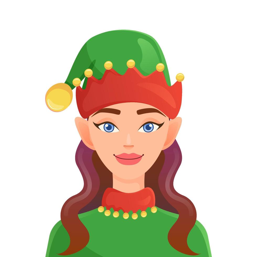 Elf girl in cartoon style. Portrait of Christmas character. Colorful illustration isolated on white background. vector