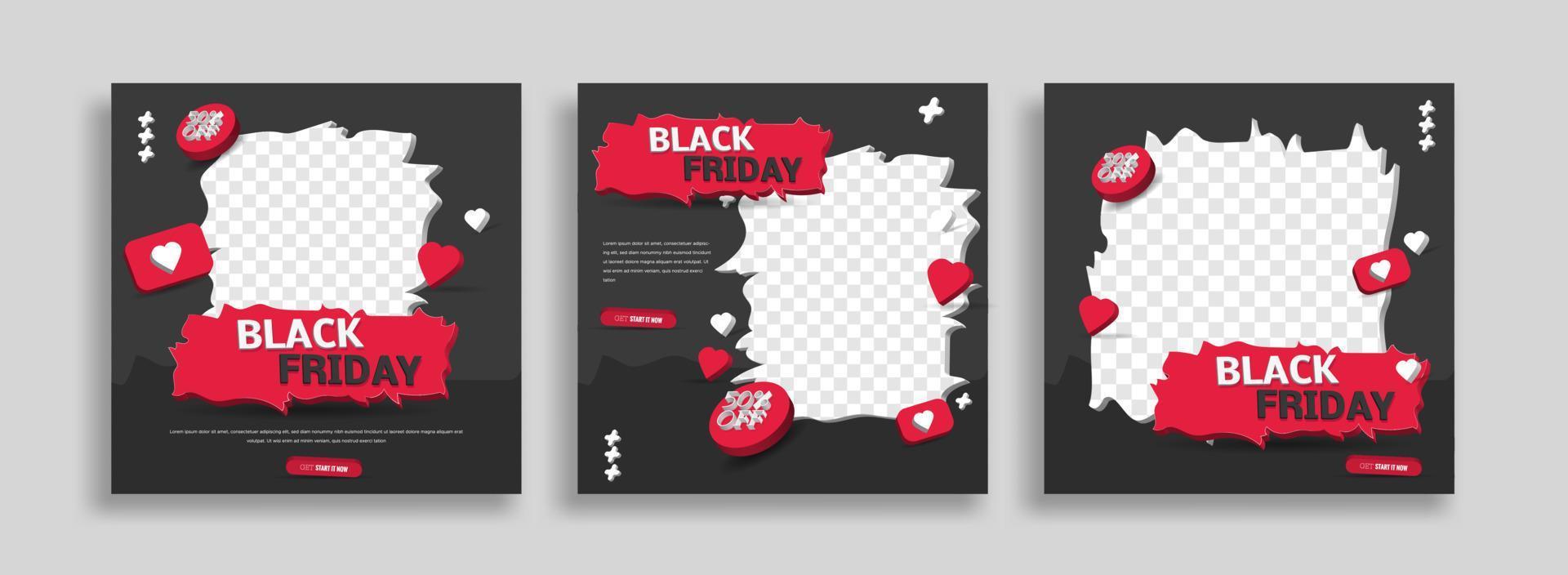 black friday sale set of social media post template with 3d element vector