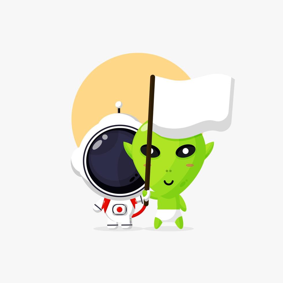 Cute astronaut and alien holding white flag cartoon illustration vector