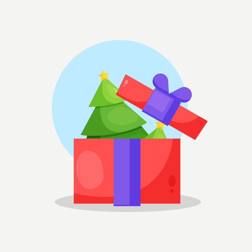 Gift box with christmas tree cartoon style illustration vector