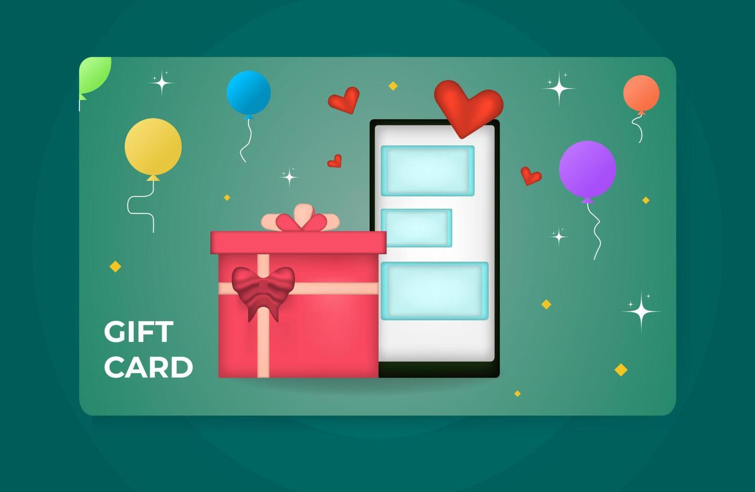 Customer gift card with illustration of 3d render style, mobile, balloons, hearts, stars, clean modern template isolated on green background. vector