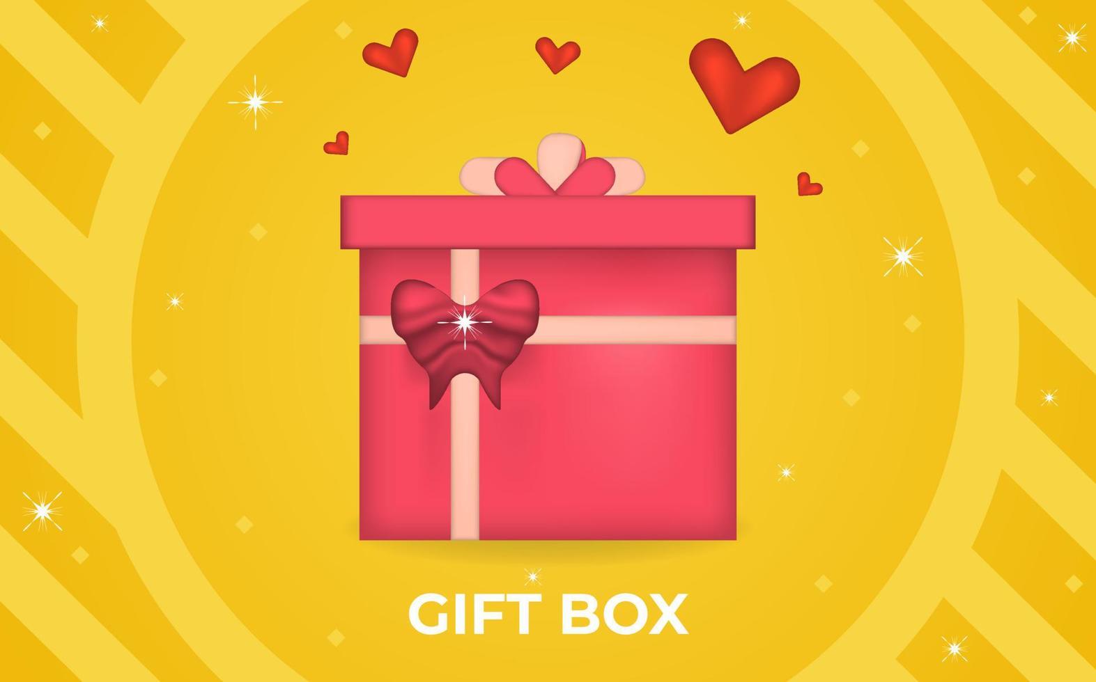 Ilustración 3D de caja de regalo con corazón, estrellas, lazos y cintas, aislado sobre fondo amarillo. vector