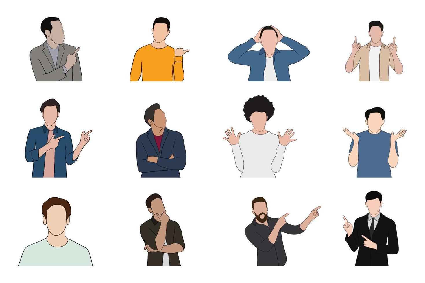 Isolated Young handsome man set in different poses on white background illustration vector