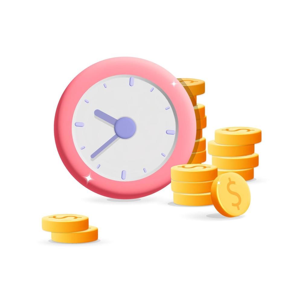 3d vector cartoon render alarm Clock timer with stack of coins  Time is money concept banner design
