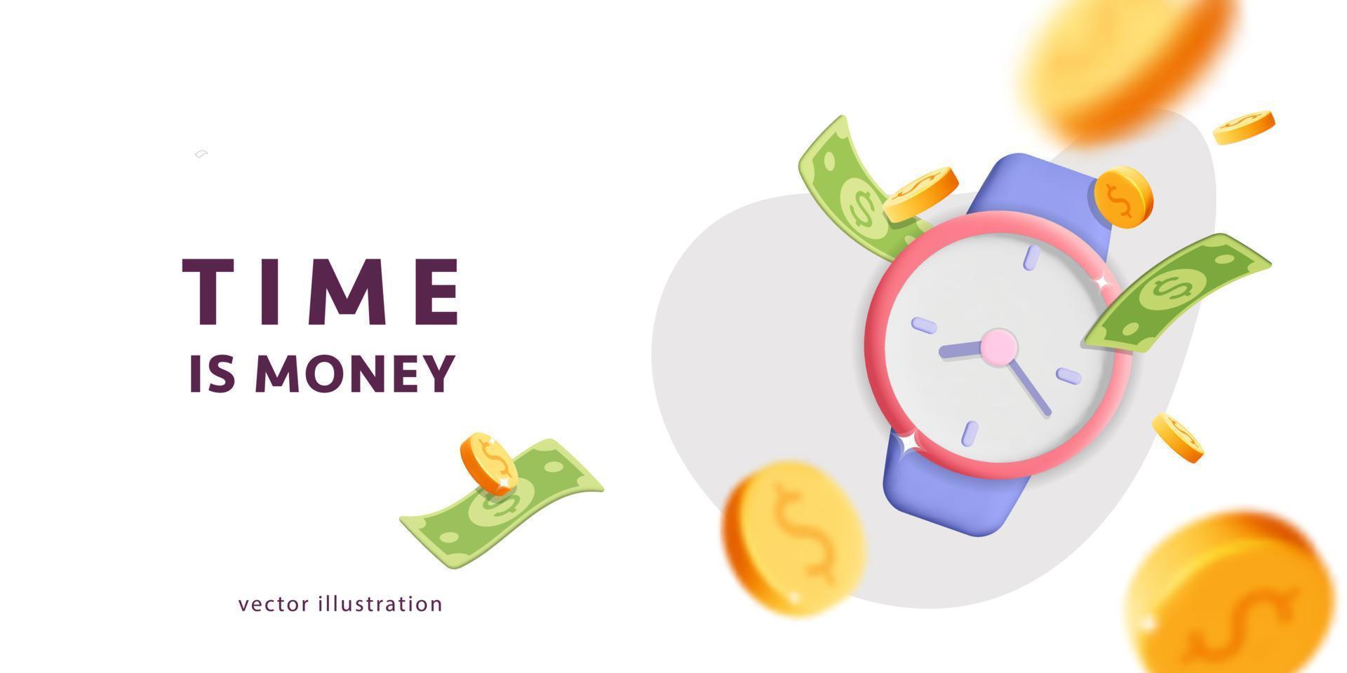 3d vector alarm Clock timer with flying explosion gold dollar coins and banknote text Time is money concept banner design