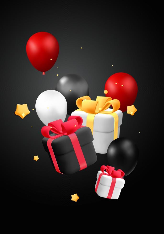 3d vector flotante tres cajas de regalo cerradas cuadradas en blanco y negro con lazo de cinta roja y dorada con globo brillante y diseño de banner de estrellas