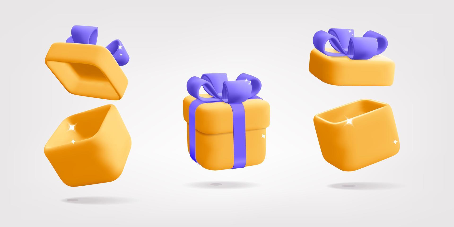 Collection of 3d vector plastic cartoon render floating yellow square closed and opened gift box with purple ribbon bow  icon design