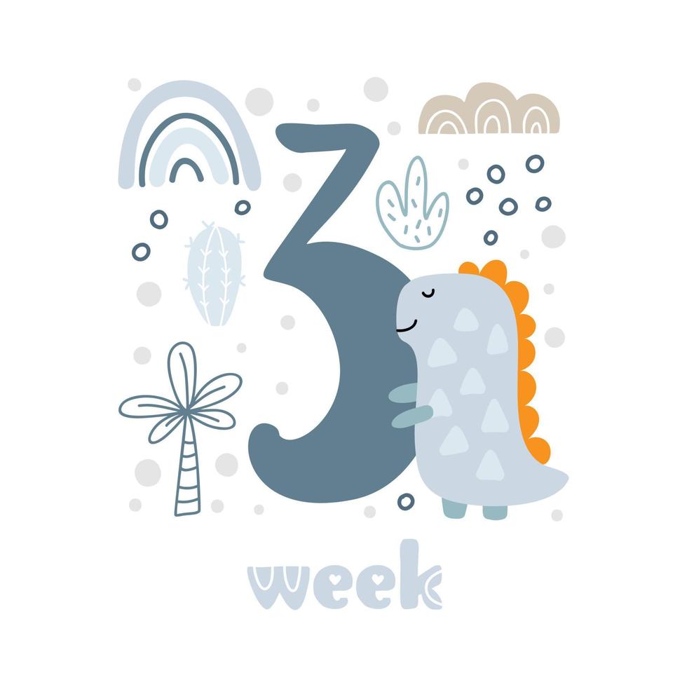 3 three week Baby boy anniversary card newborn metrics. Baby shower print with cute animal dino, flowers and palm capturing all special moments. Baby milestone card for newborn vector