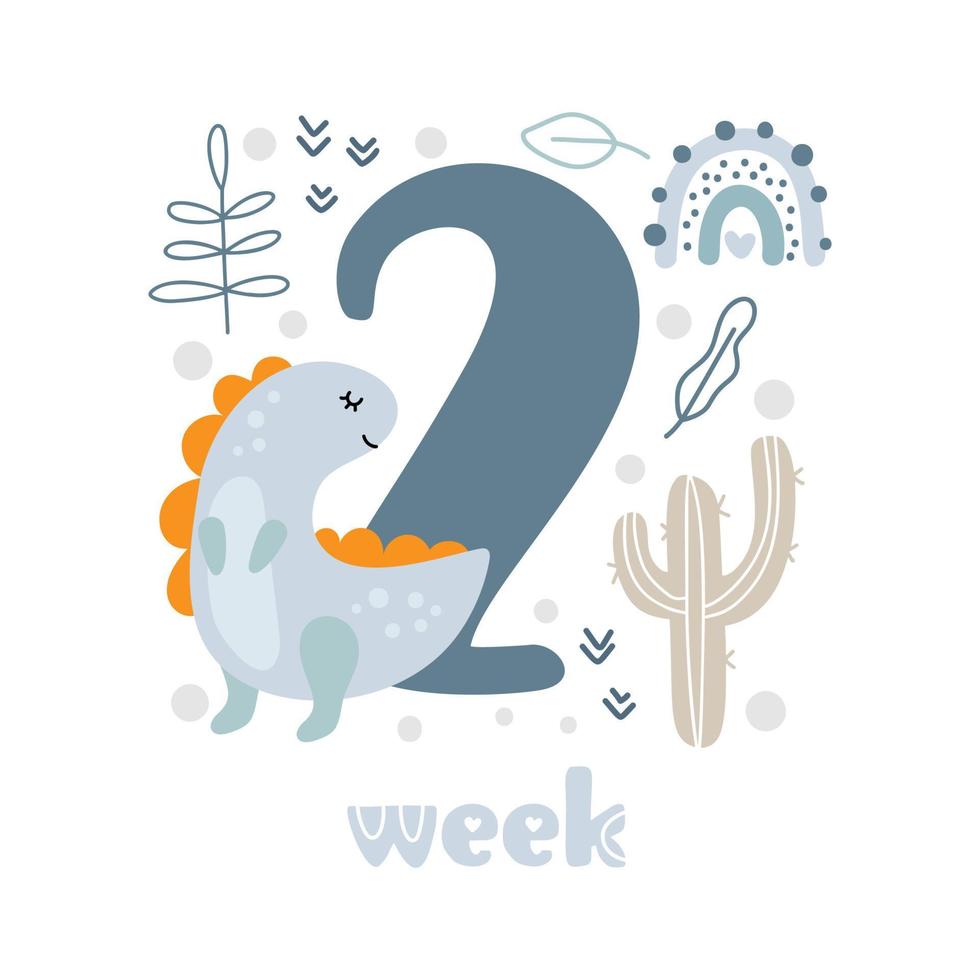 2 two week Baby boy anniversary card newborn metrics. Baby shower print with cute animal dino, flowers and palm capturing all special moments. Baby milestone card for newborn vector