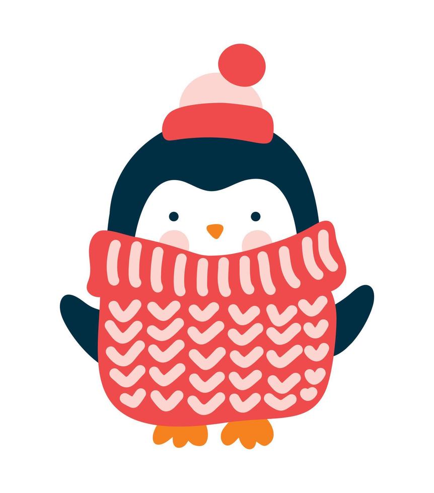 Cute baby winter vector christmas penguin in knitted red pullover and hat in cartoon style. Isolated on white background flat illustration