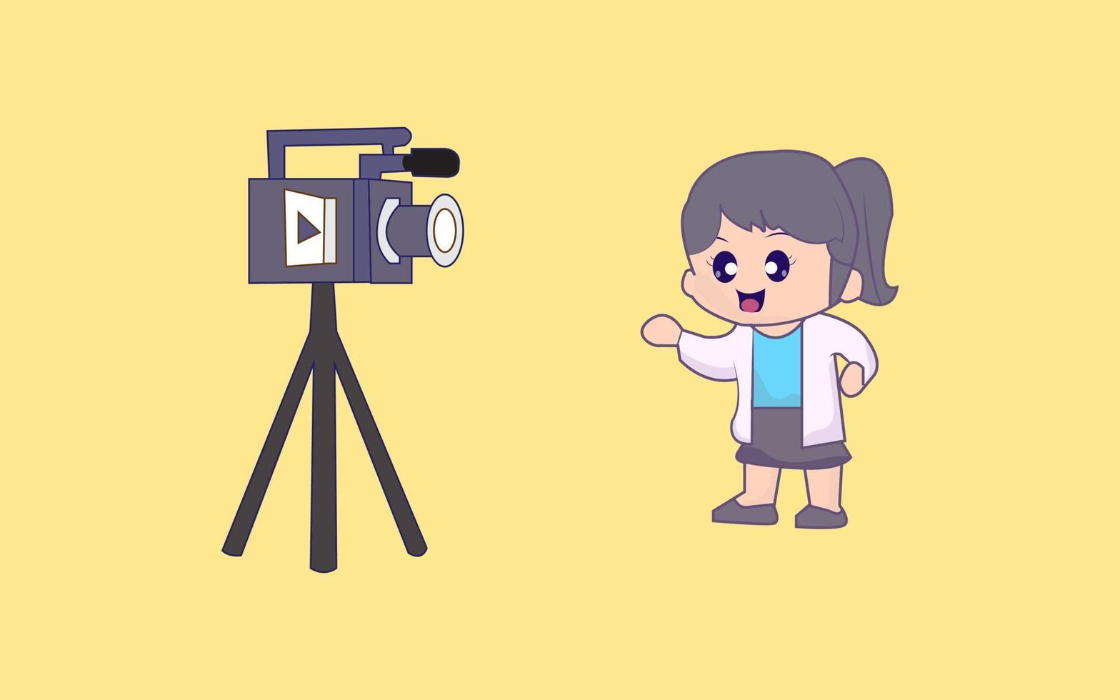 Cute girls recording video on camera cartoon vector