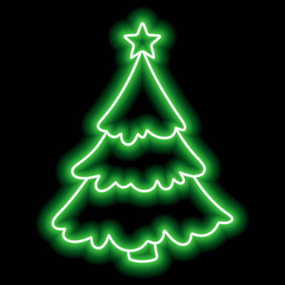 Green neon outline of a Christmas tree with a star on a black background vector