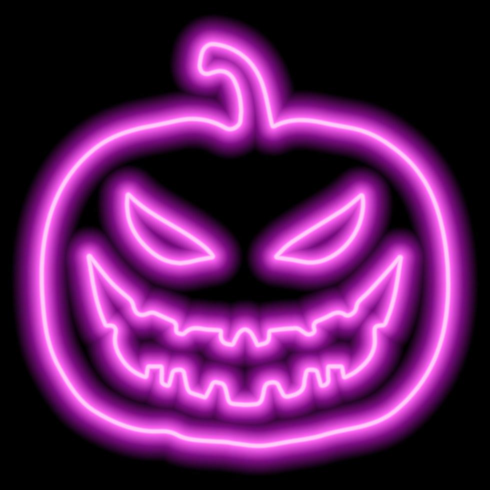 Neon pink pumpkin outline for halloween with cut out evil face on black background vector
