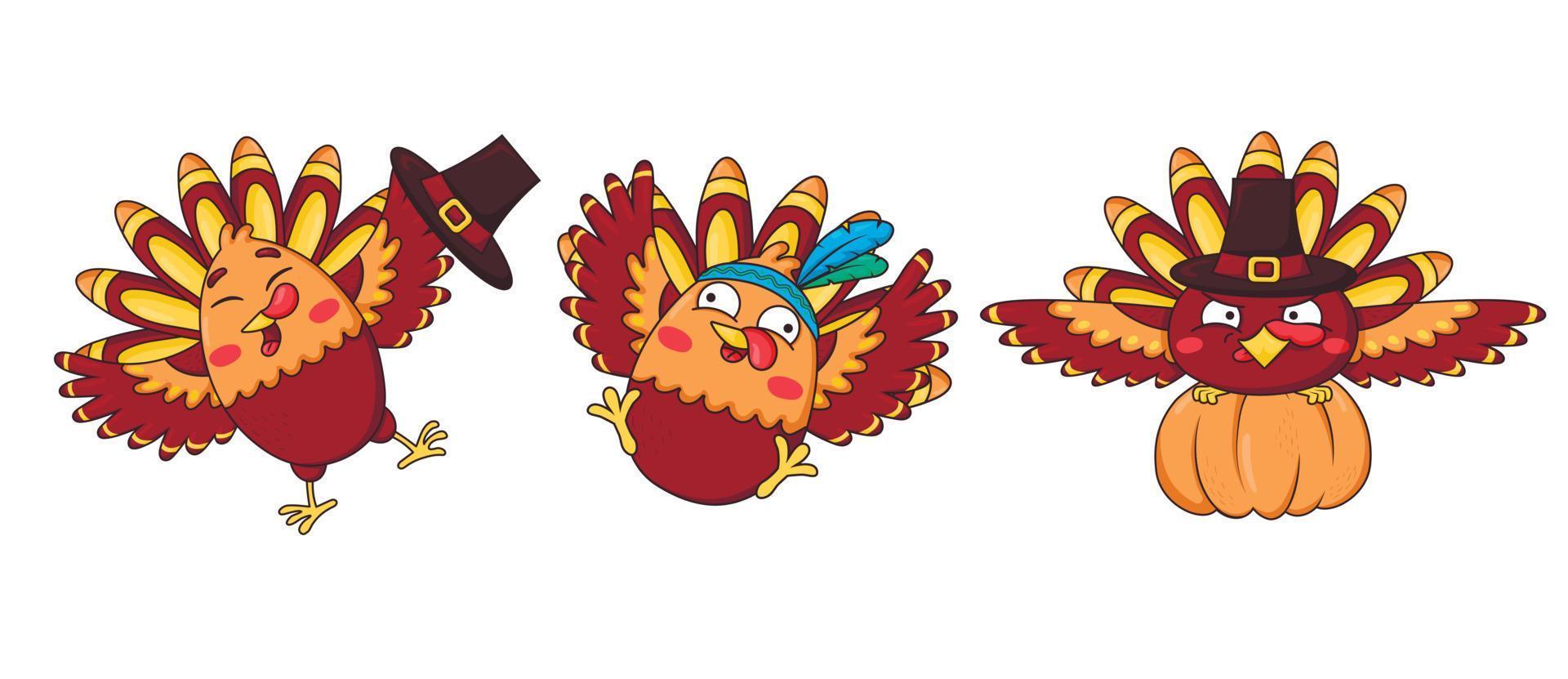 paquete de pavos divertidos de dibujos animados en diferentes poses con un sombrero de peregrino y una diadema india con plumas vector