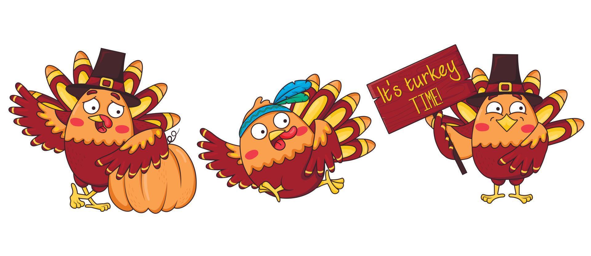 Bundle of cartoon funny turkeys in different poses wearing a pilgrim's hat and an Indian headband with feathers vector