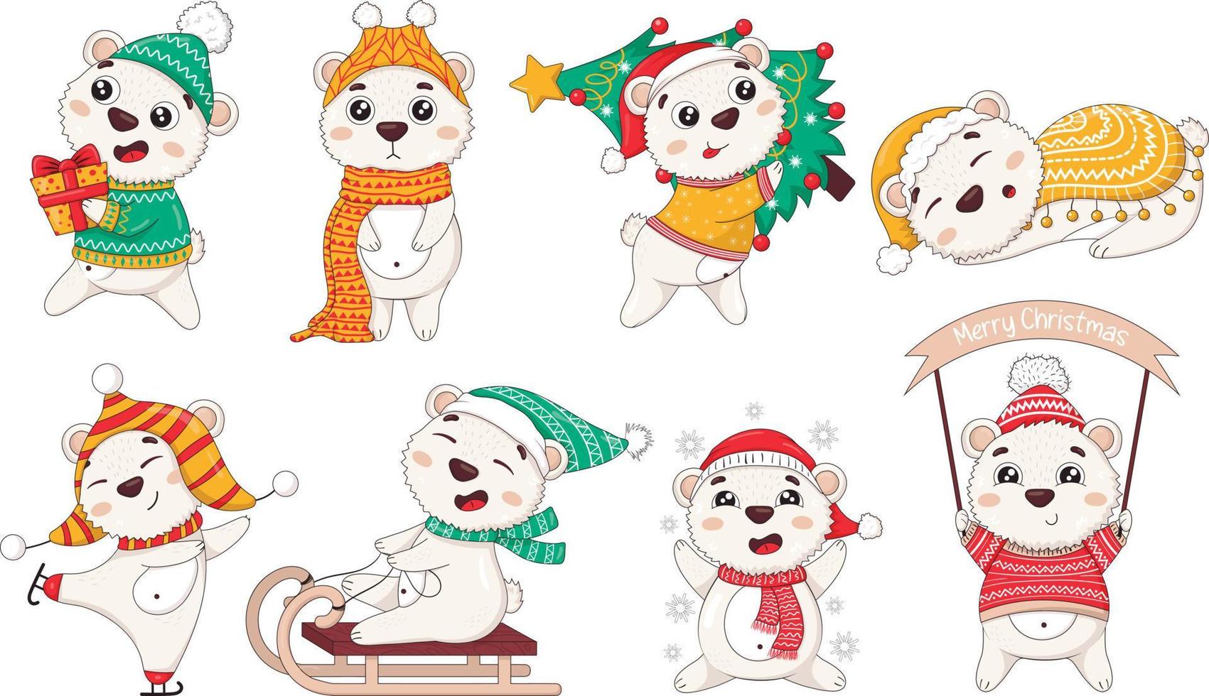 Bundle of cute cartoon new year polar bears in winter clothes with christmas tree, skating, sledding, catching snowflakes, carrying gifts, sleeping, vector