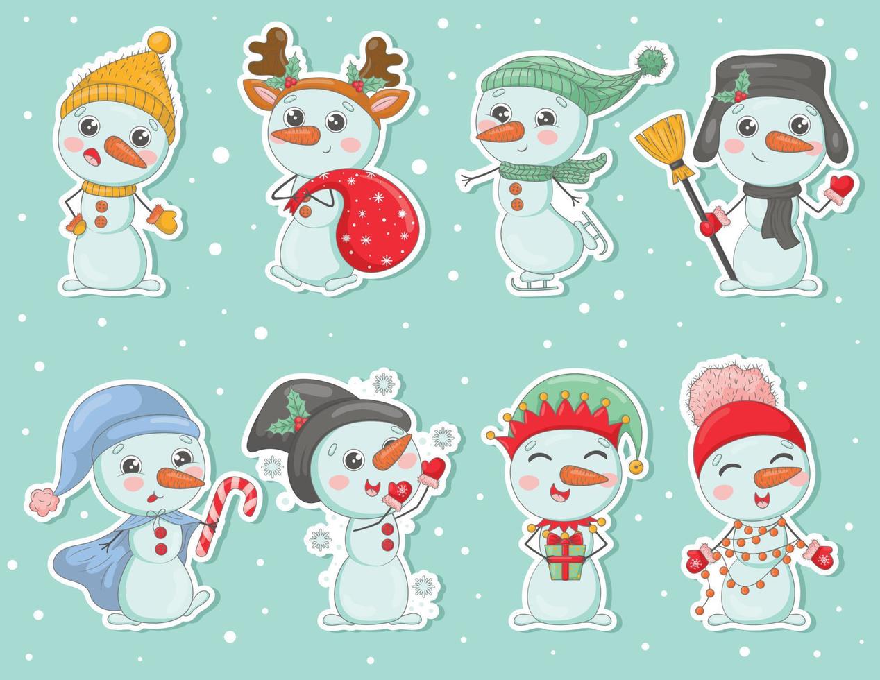 Bundle of cute cartoon snowmens stickers in knitted hats and scarves with Christmas gifts, snowflakes, holly, dressed as New Year characters vector