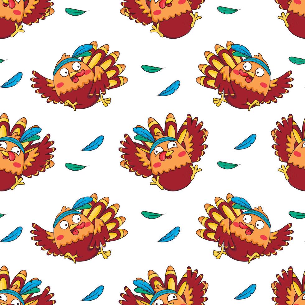 Seamless pattern with funny cartoon turkeys aboriginal indians in headbands with feathers vector