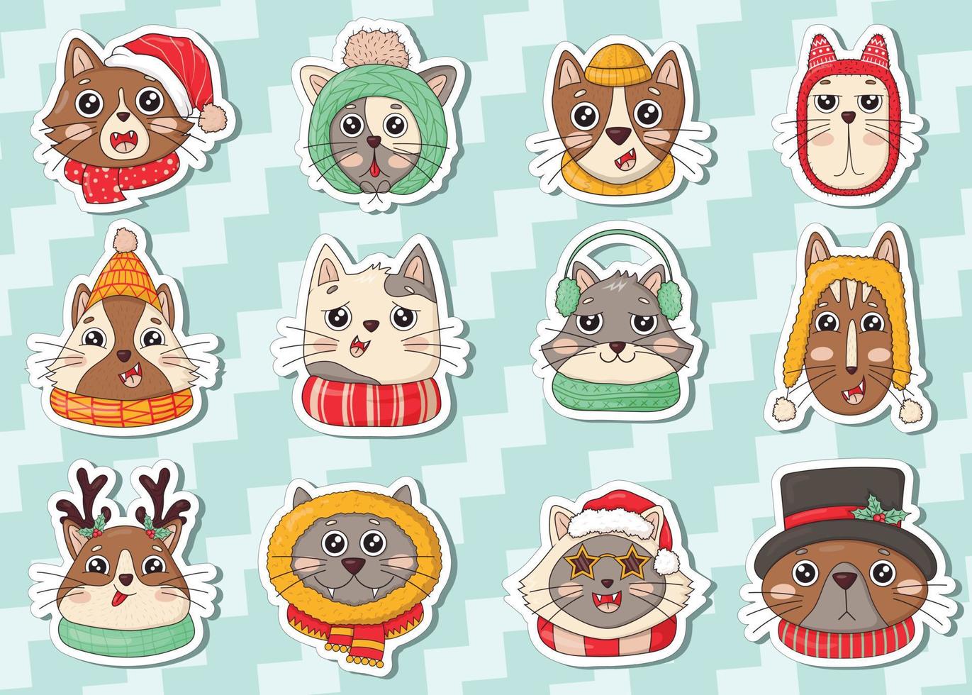 Bundle of stickers of cute Christmas cat head in knitted hats with pom-poms and scarves, top hat with holly, star glasses, deer antlers, winter clothes vector