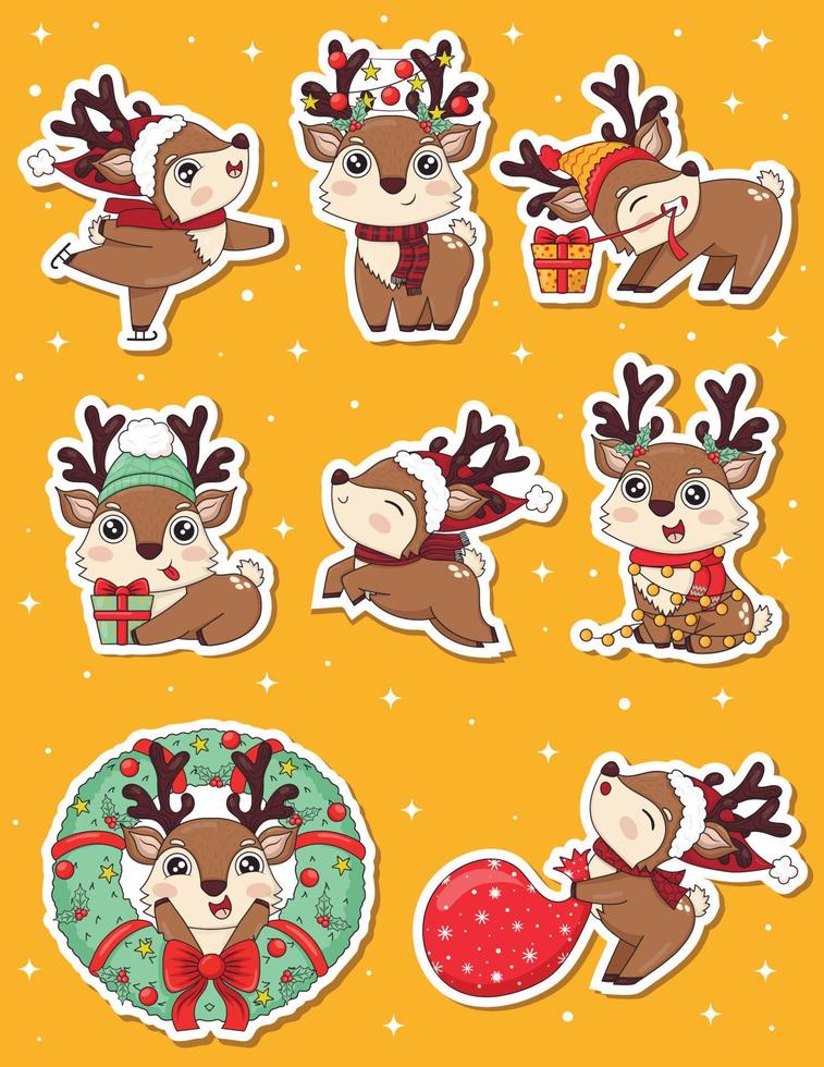 Bundle of cute new year deer stickers  in different poses with holly, santa hat, xmas wreath and gifts in doodle cartoon style vector