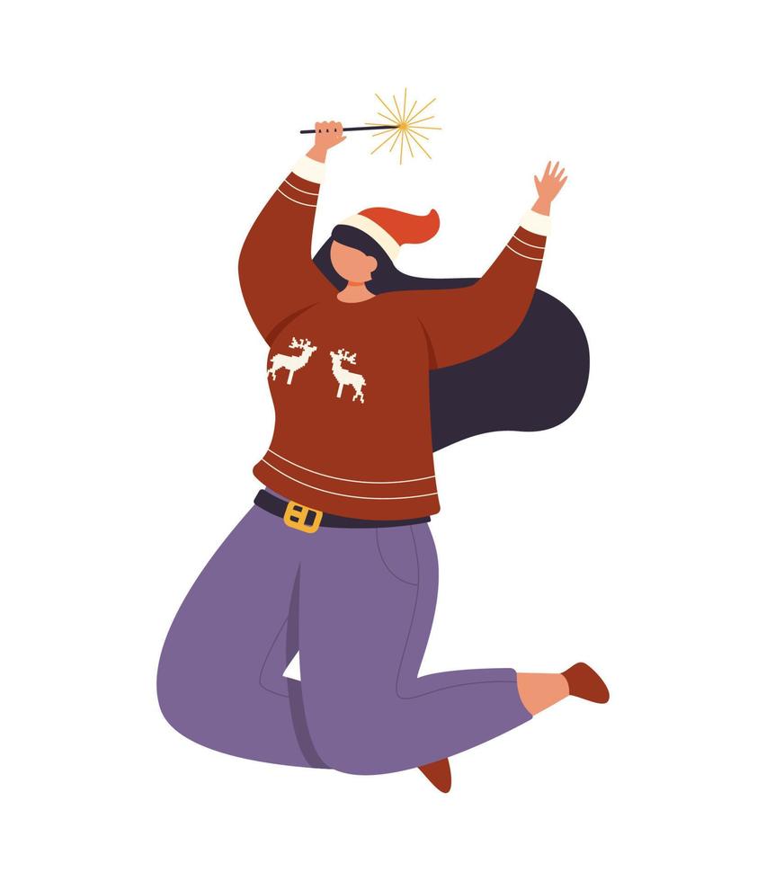 una mujer alegre con ropa navideña salta con una luz de bengala. vector