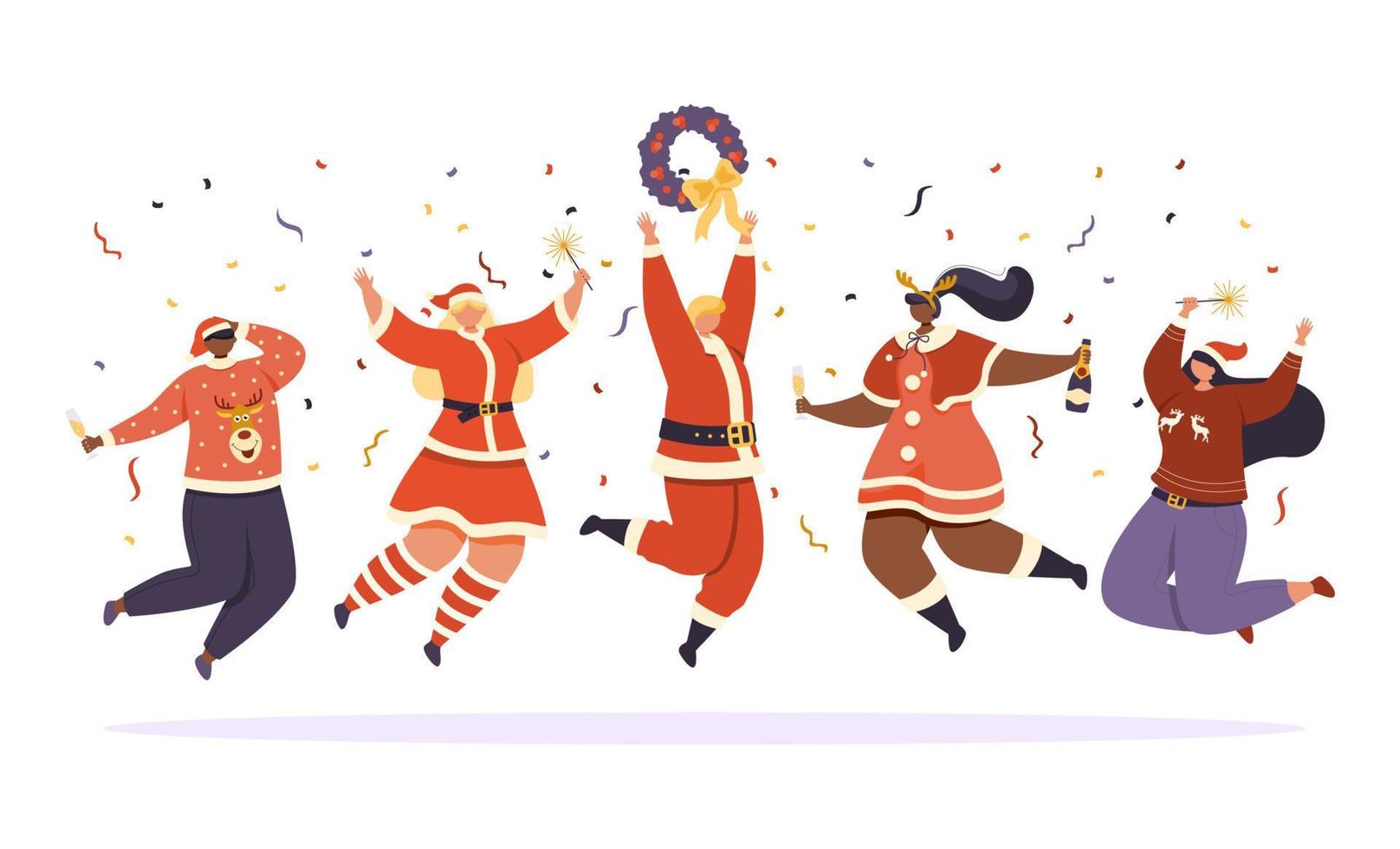 A group of joyful people in festive clothes celebrate the New Year or Christmas. vector