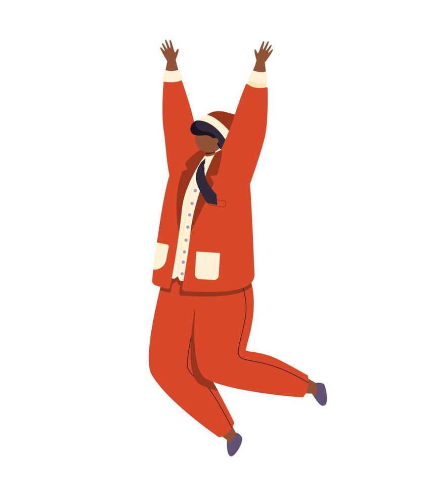 A joyful man in a red christmas costume jumps and has fun. vector