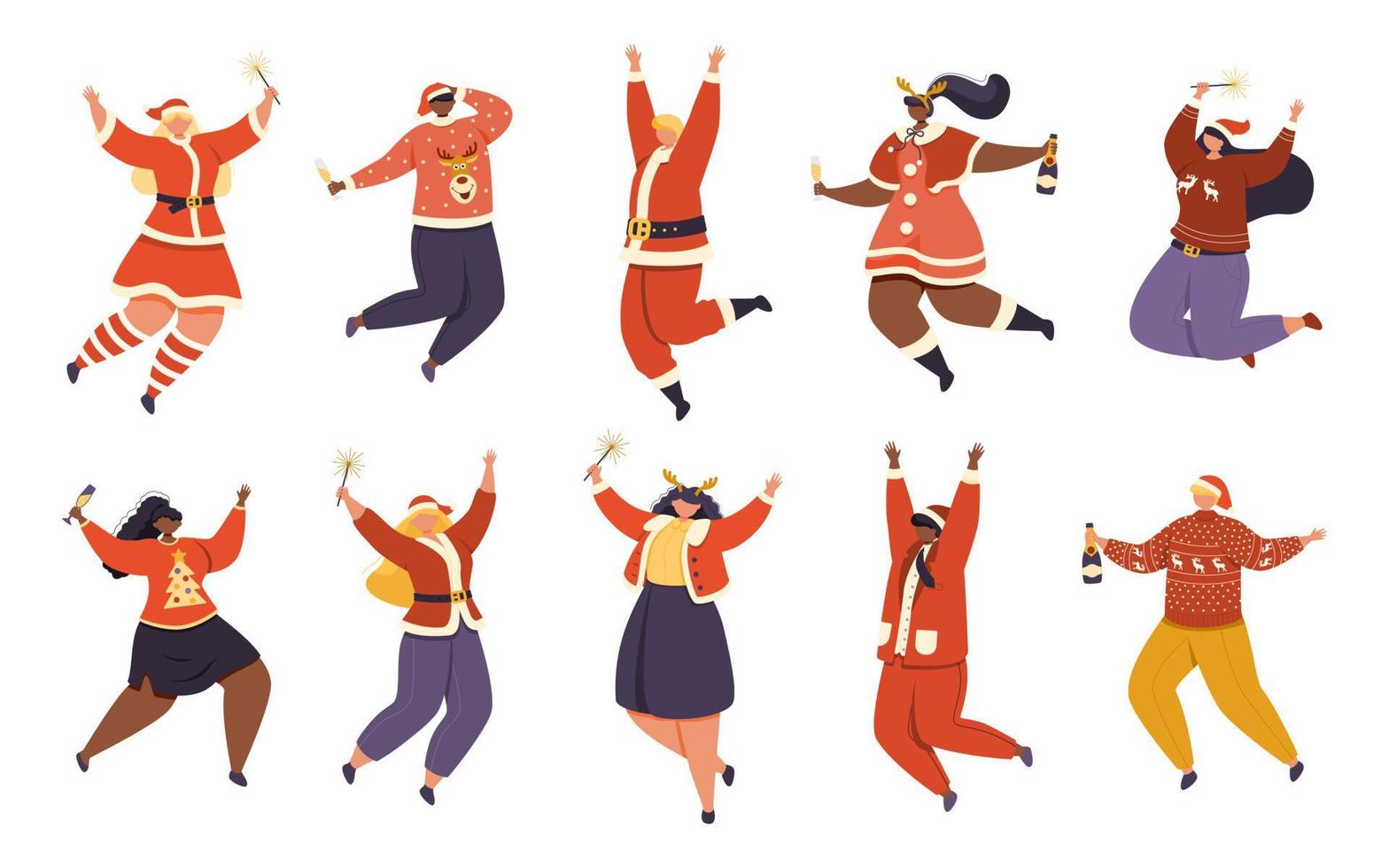 Cheerful men and women in New Year's costumes celebrate Christmas. vector