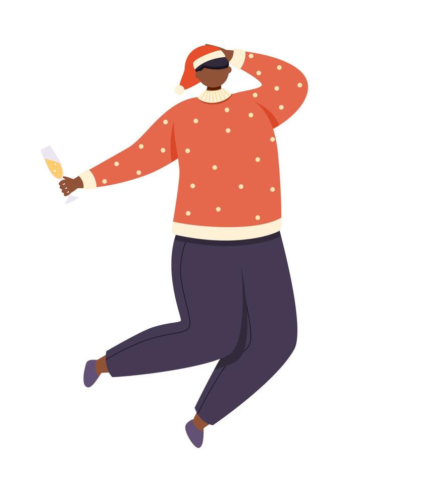 A guy in a red santa claus hat holds a glass of champagne in his hands. vector