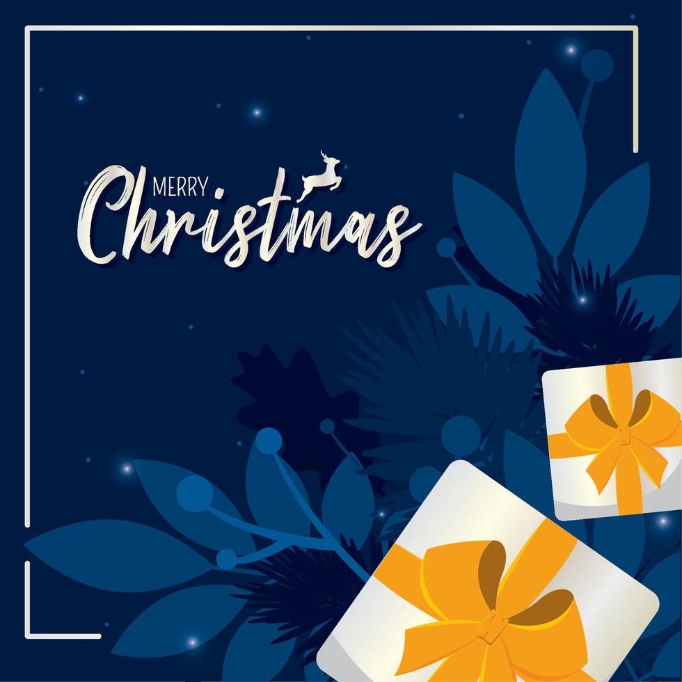 Blue merry christmas invitational card with white presents Vector illustration