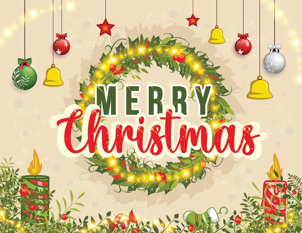 Merry christmas background with wreath, ball and candle vector illustration