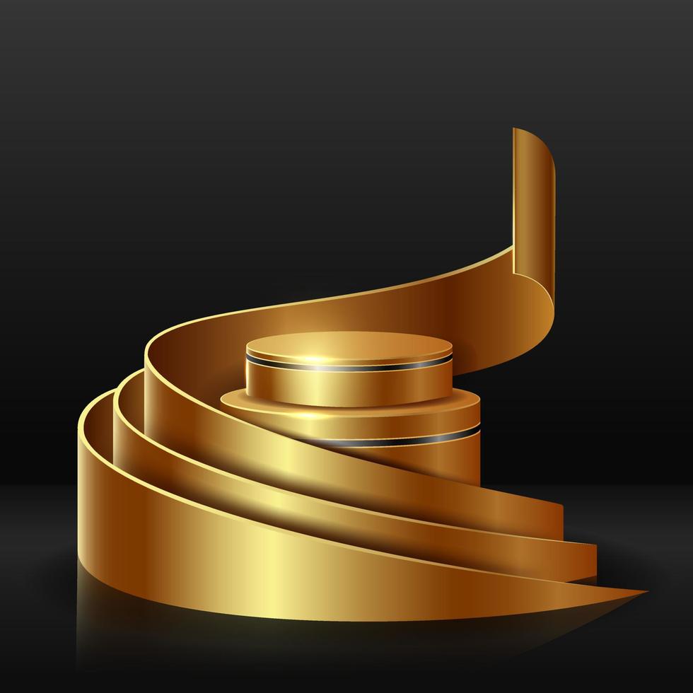 Golden cylinder podium with spiral decoration elements. Golden cylinder luxury podium. Golden podium for mockup products, promotion display. Vector illustration