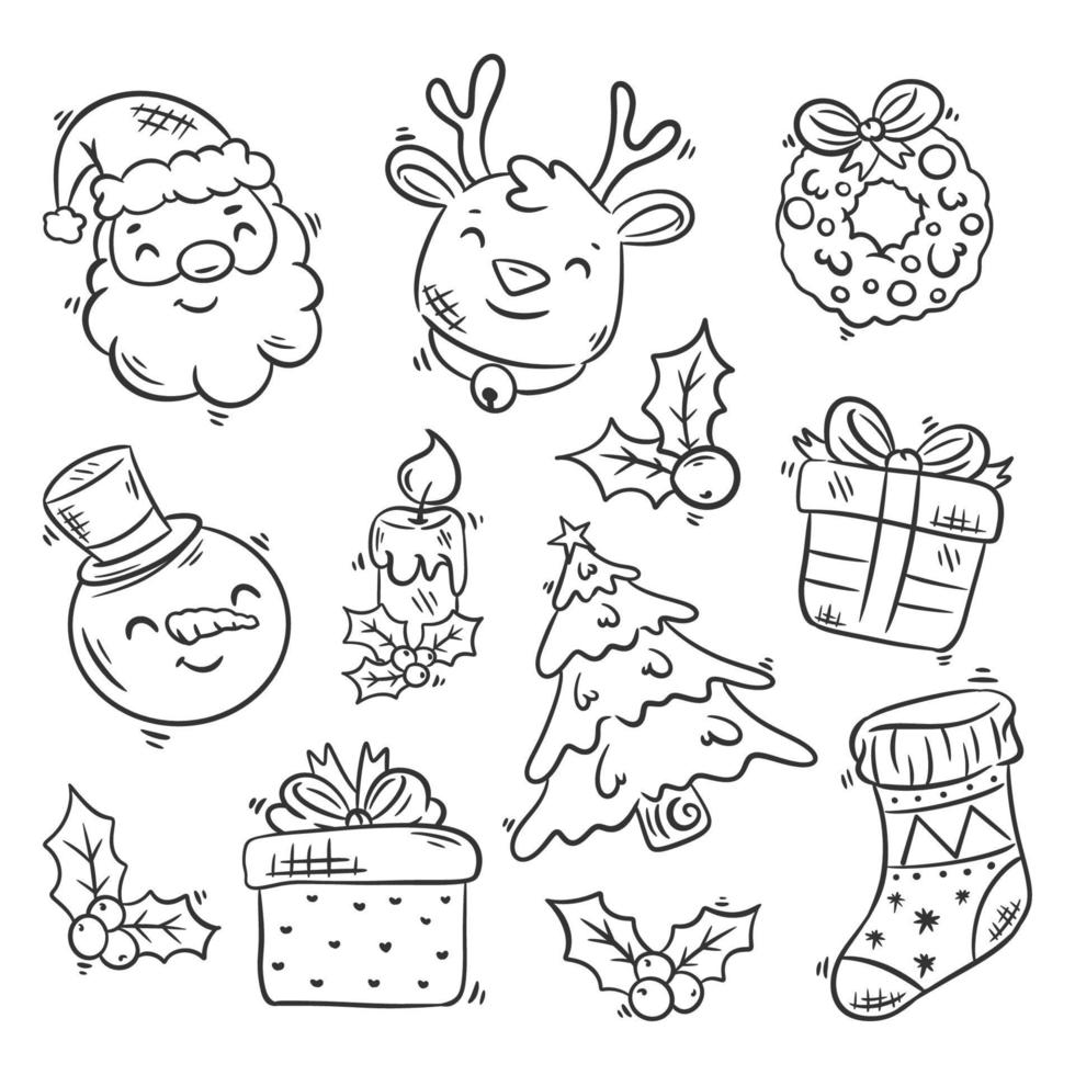 Festive christmas elements icons collection hand drawn coloring vector