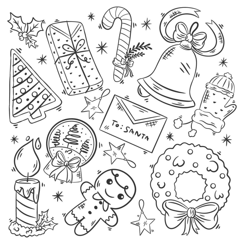 Christmas elements icons collection hand drawn coloring vector
