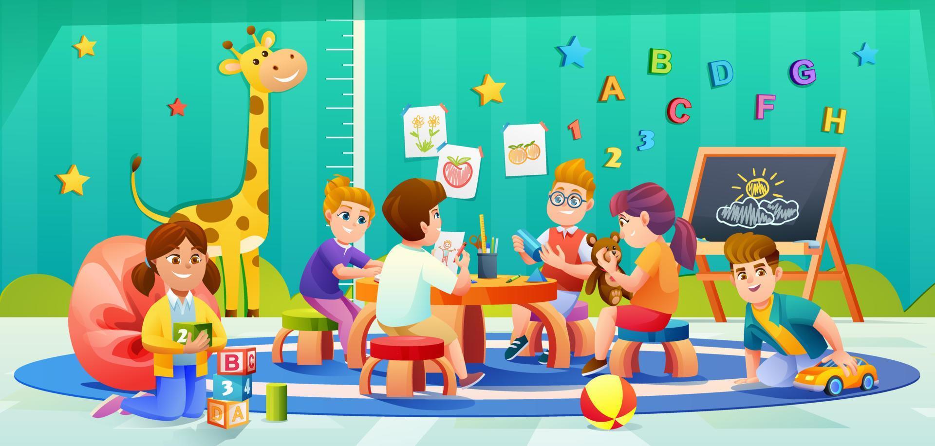 Children playing together in kindergarten room cartoon illustration vector