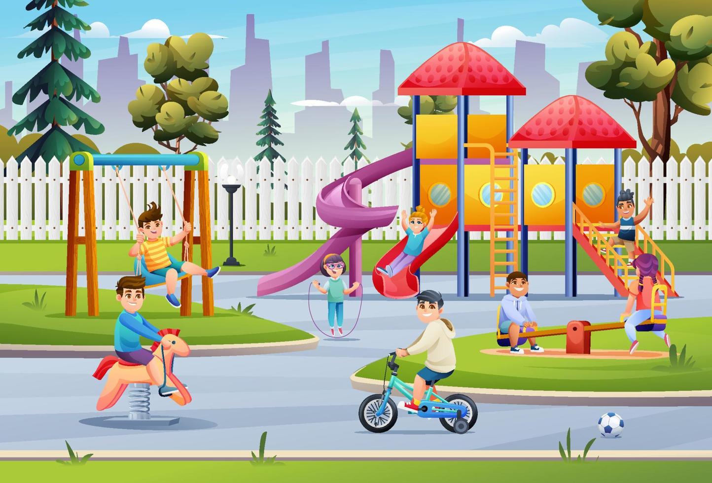 niños jugando en el patio de recreo con tobogán, columpio, bicicleta y ilustración de dibujos animados de balancín vector