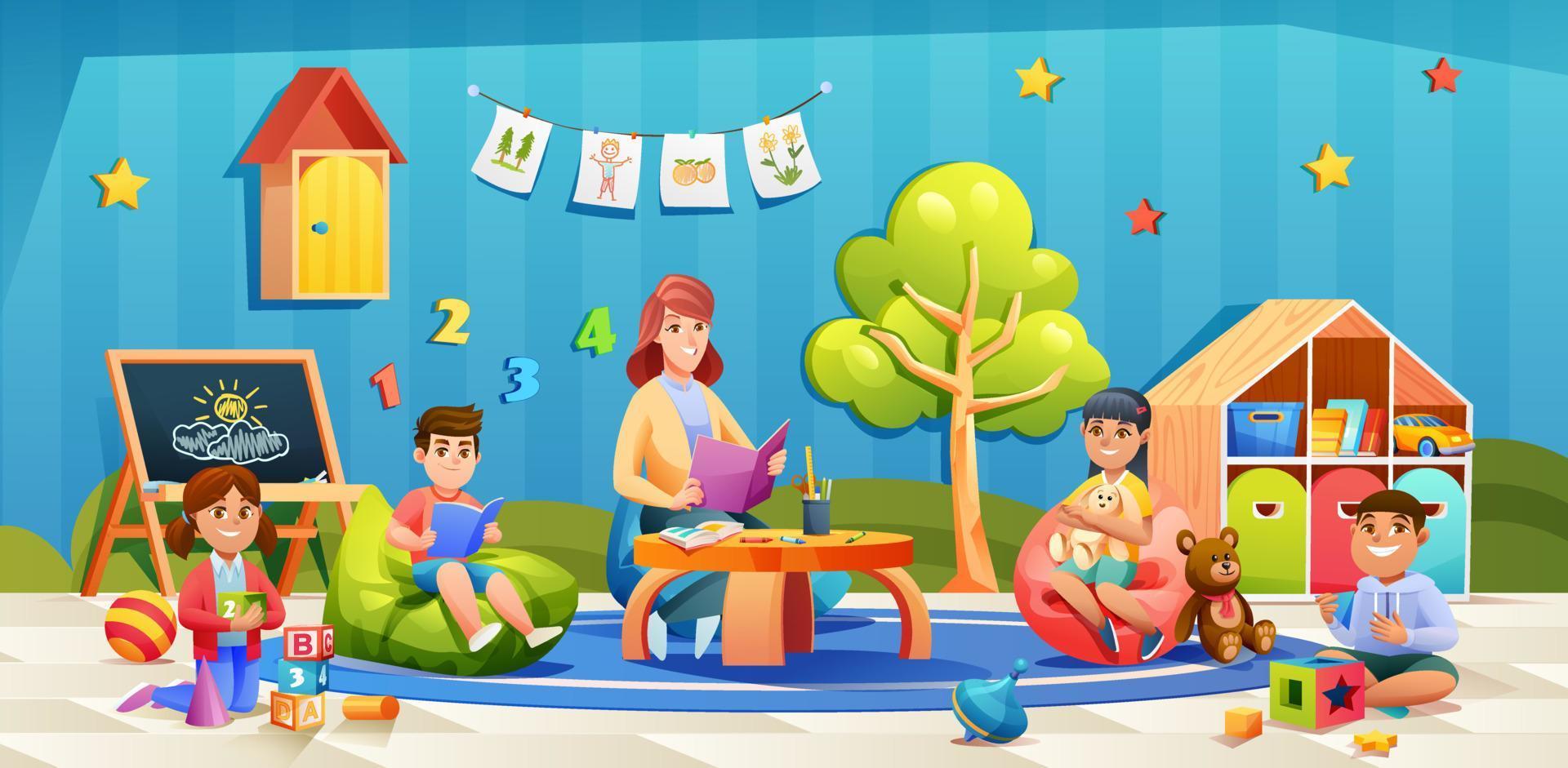 Teacher and student activity in kindergarten illustration vector