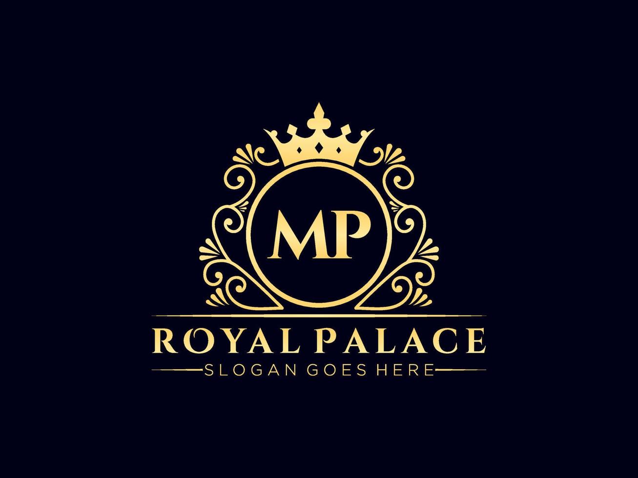 Letter MP Antique royal luxury victorian logo with ornamental frame. vector