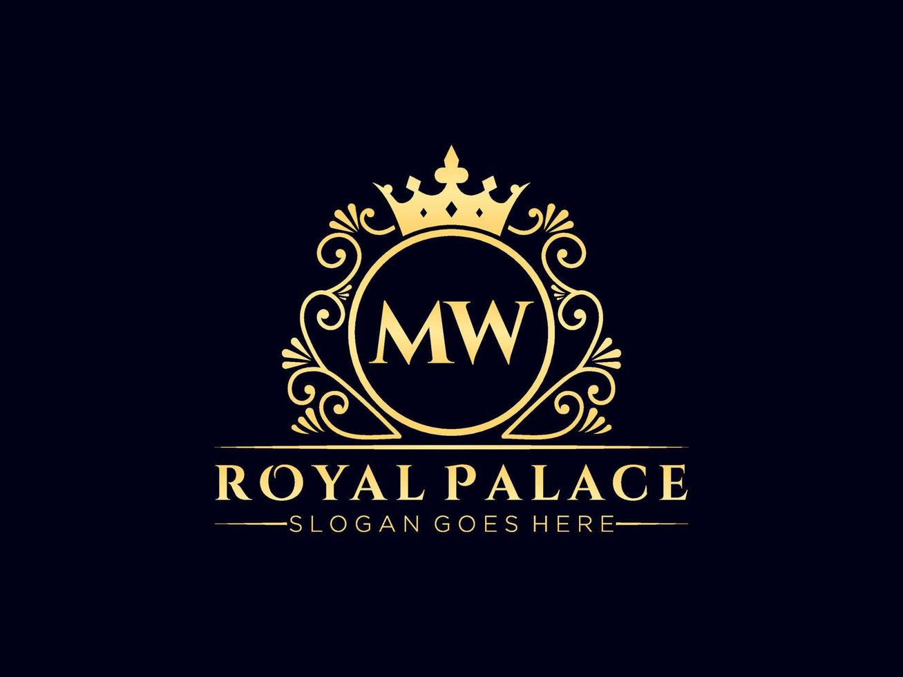 Letter MW Antique royal luxury victorian logo with ornamental frame. vector