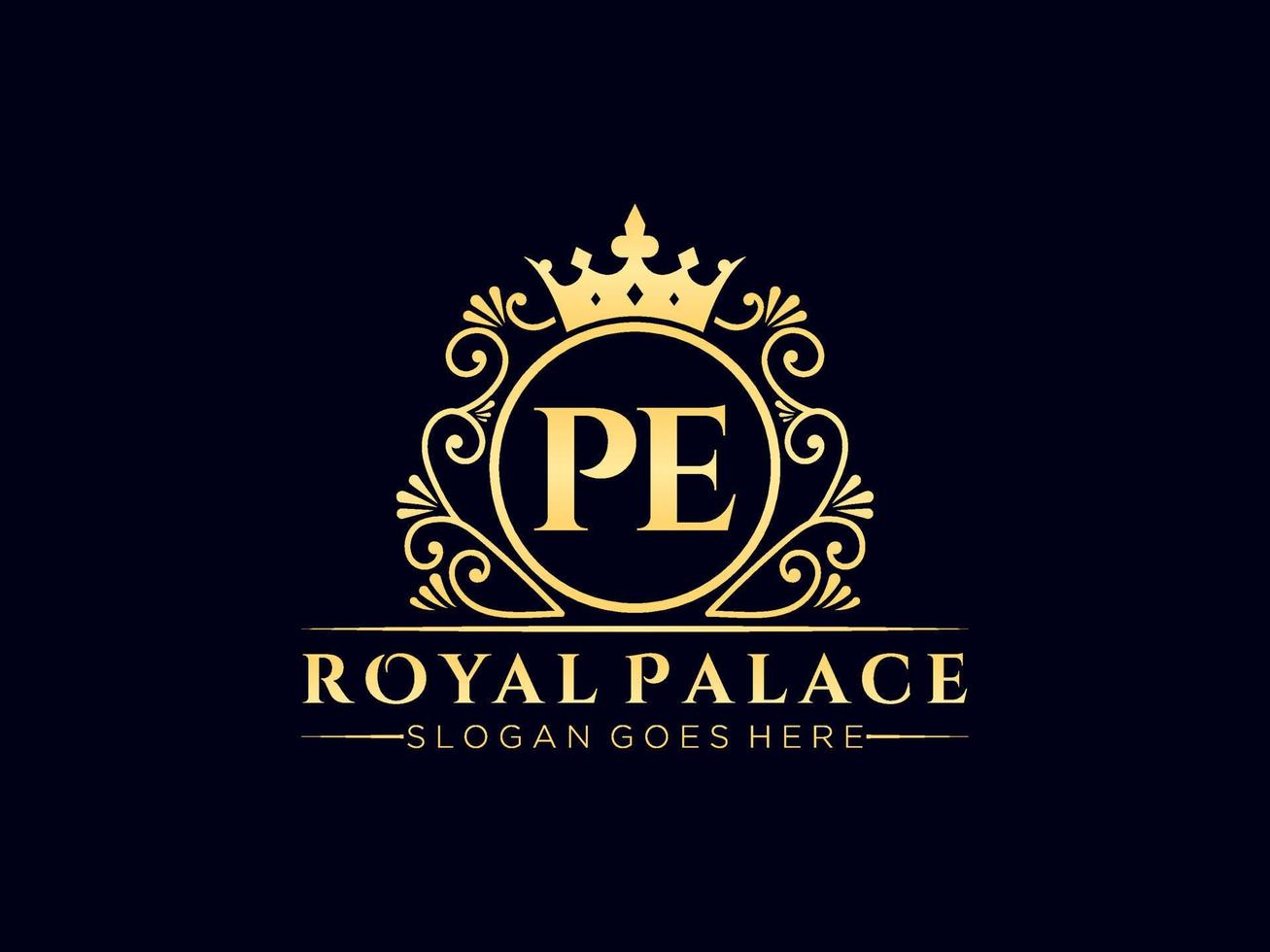 Letter PE Antique royal luxury victorian logo with ornamental frame. vector