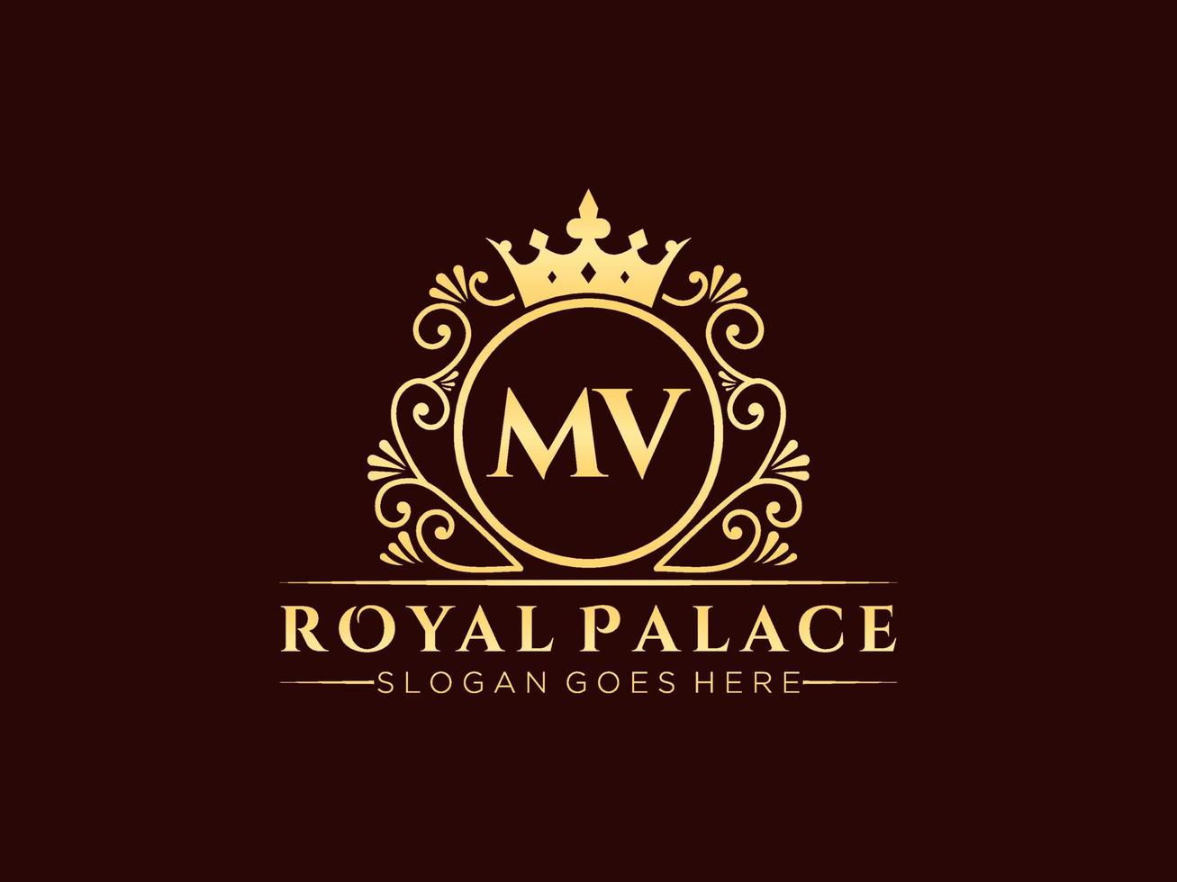 Letter MV Antique royal luxury victorian logo with ornamental frame. vector