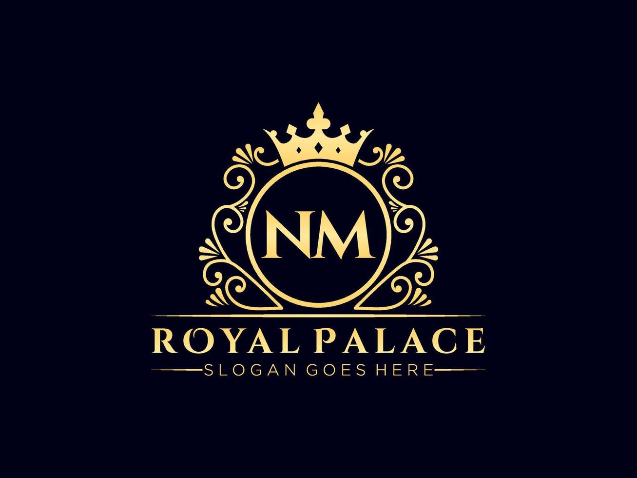 Letter NM Antique royal luxury victorian logo with ornamental frame. vector