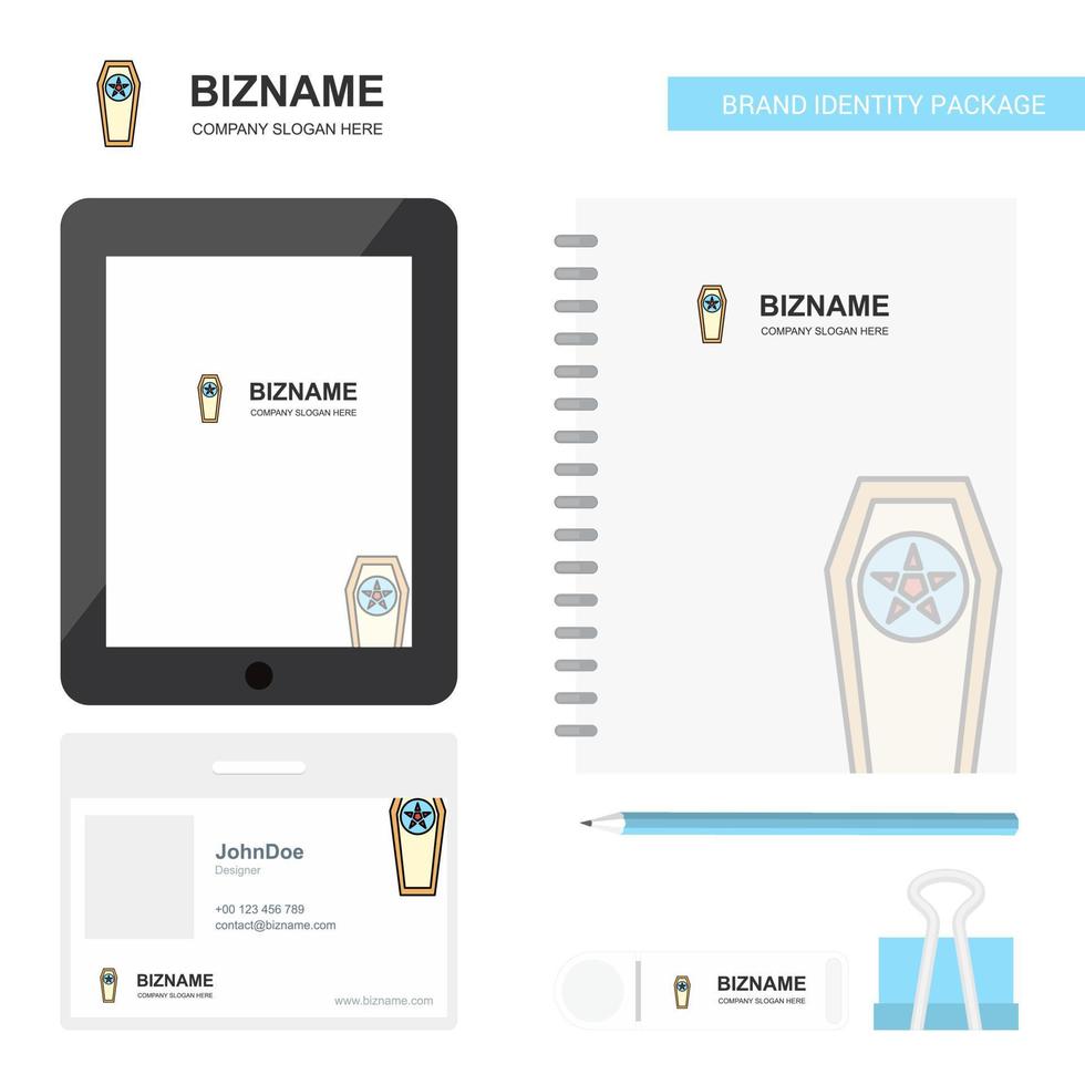 Coffin Business Logo Tab App Diary PVC Employee Card and USB Brand Stationary Package Design Vector Template