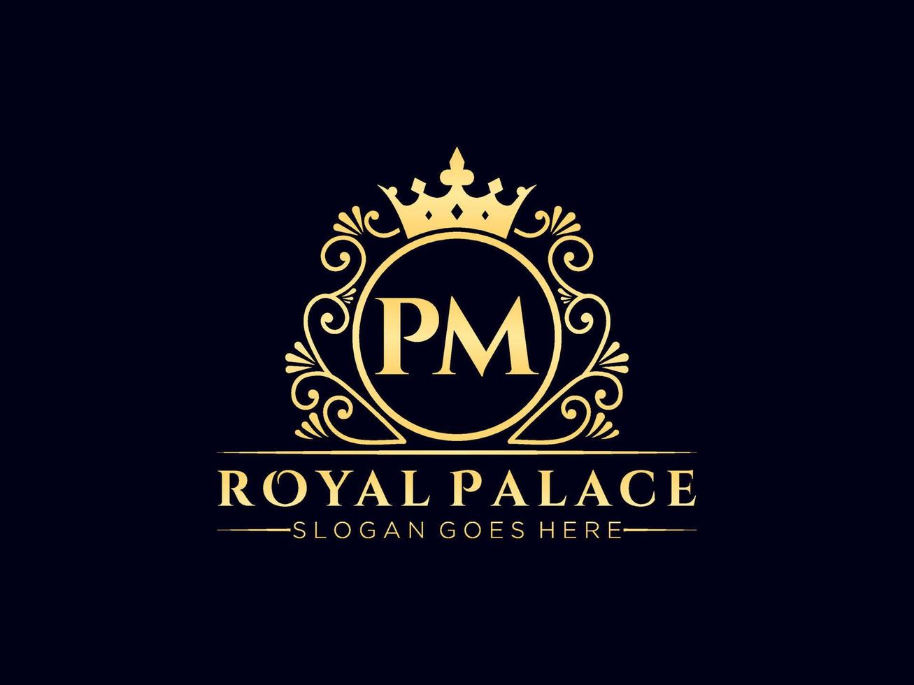Letter PM Antique royal luxury victorian logo with ornamental frame. vector
