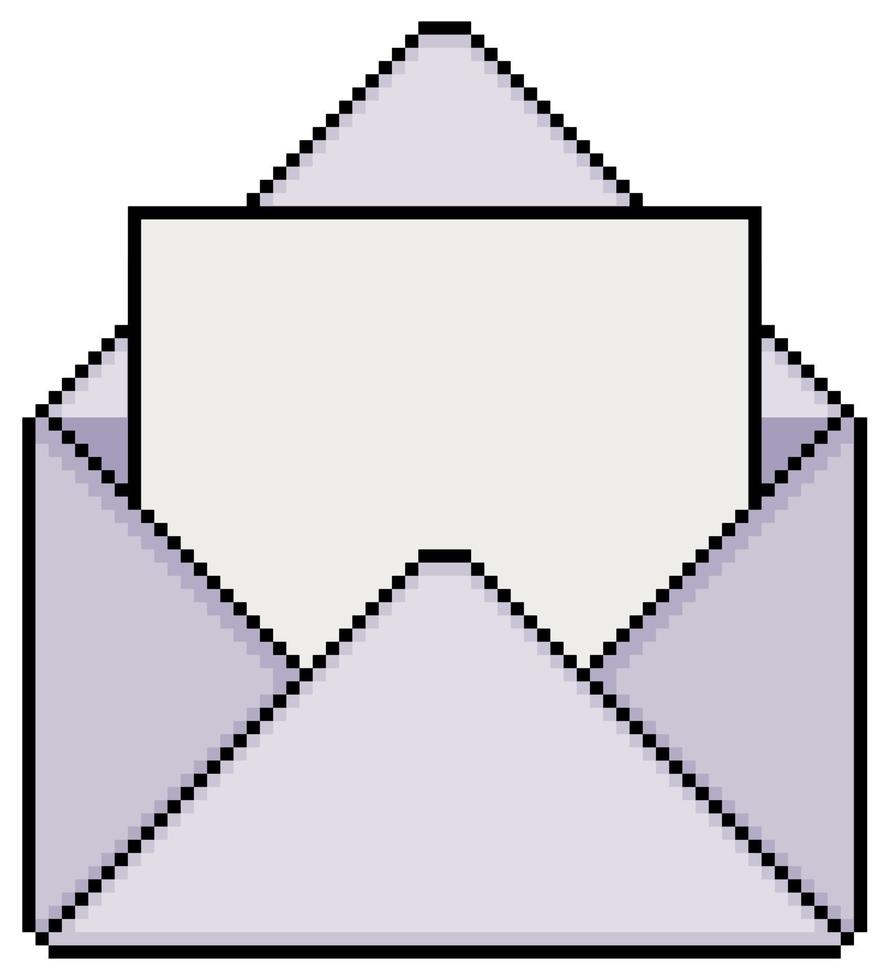 Pixel art open envelope with blank paper, open email vector icon for 8bit game on white background