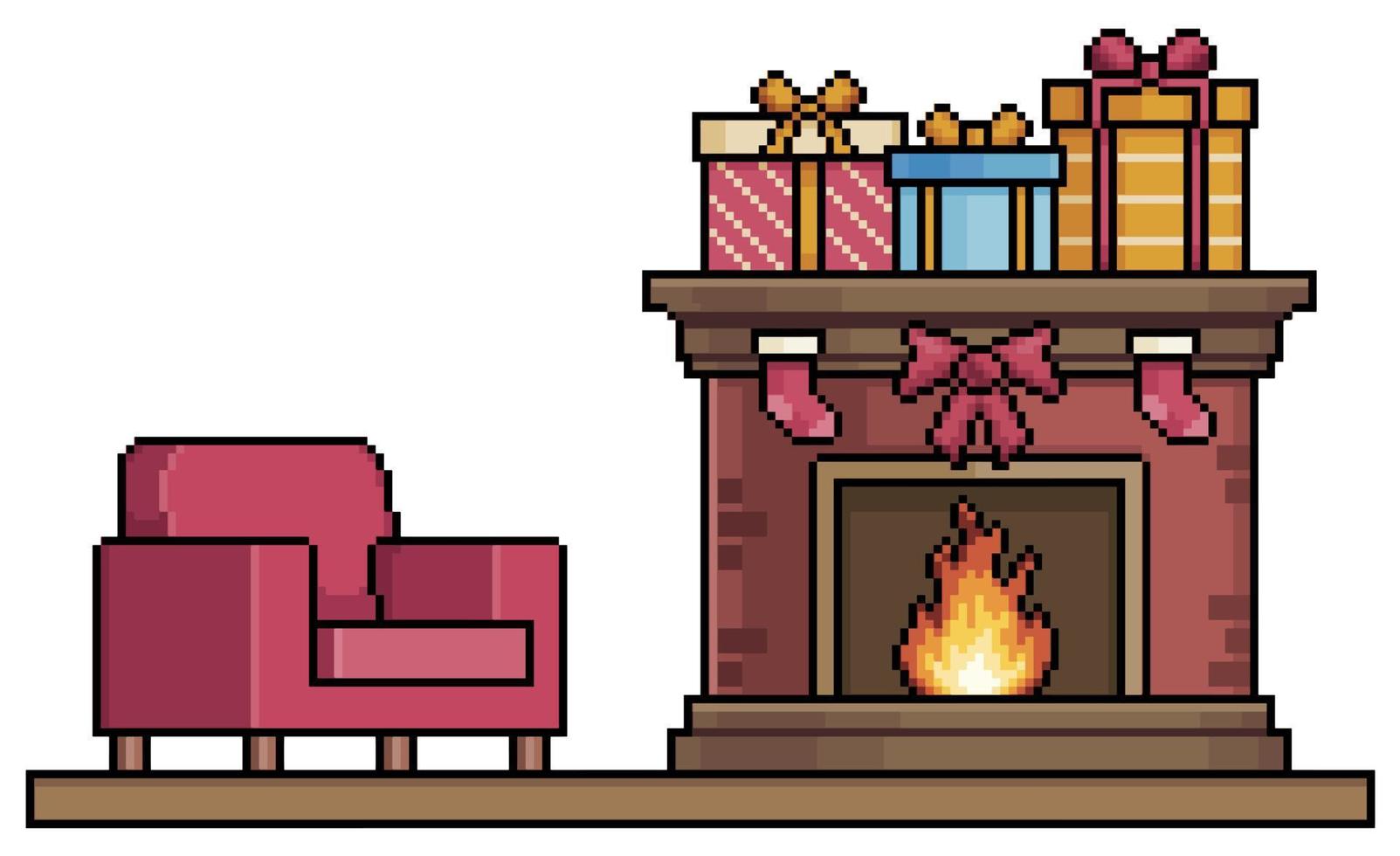 chimenea de arte de píxeles con regalos e icono de vector de sillón para juego de 8 bits sobre fondo blanco