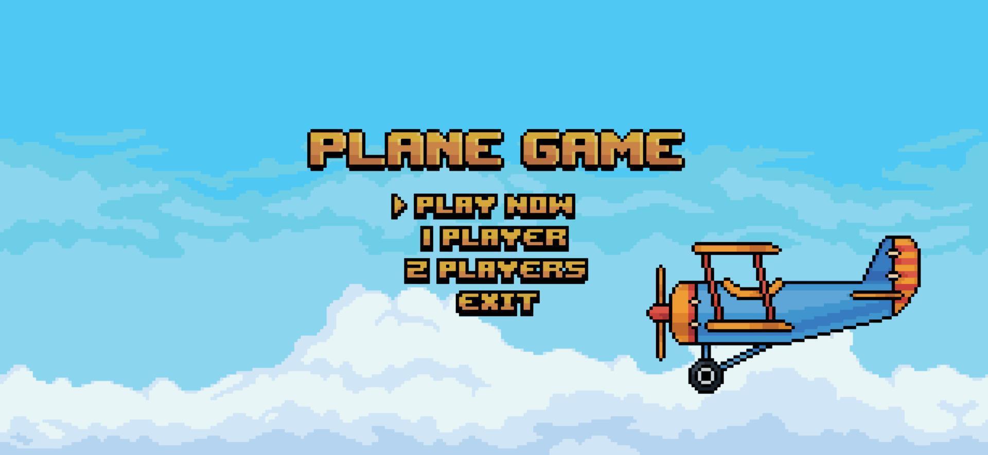 Pixel art plane game home menu blue sky with clouds background vector for 8 bit game