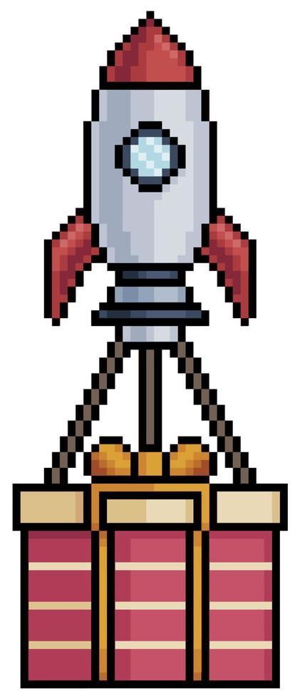 Pixel art rocket taking gift vector icon for 8bit game on white background