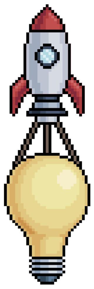 Pixel art rocket with light bulb vector icon for 8bit game on white background
